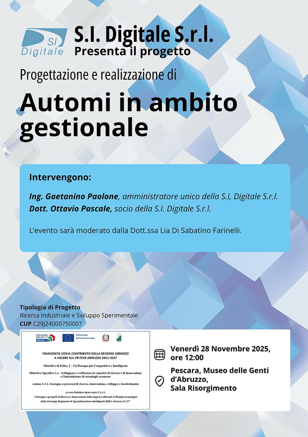 Locandina dell'evento: Progettazione e realizzazione di Automi in ambito gestionale, 28 novembre 2025, Museo delle Genti d'Abruzzo, Pescara.